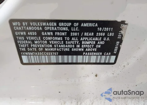 2012 Volkswagen Passat 3.6L V6 Se из США, поврежденный, VIN 1VWBM7A33CC023707